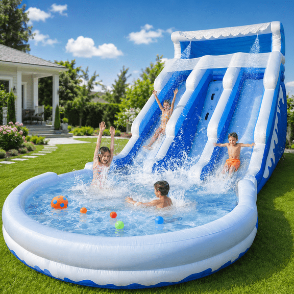 20.6 FT Large Inflatable Water Slide with Dual Slides, Splash Pool & Air Blower, Summer Backyard Water Park for Kids, Blue