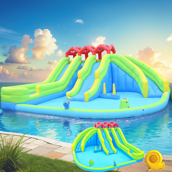 Large Infltable Water Slide, Outdoor Water Park with 3 Slide and Blower, Inflatable Bounce House for 3-12 Years Old, 204" x 197" x 94"