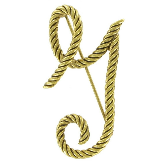 Large Initial Letter "Y" Script Gold Tone Rope Brooch Pin Ladies Adult Womens