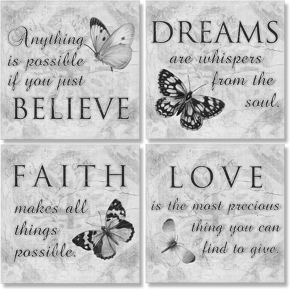 Large Inspirational Butterfly Wall Art - 4 Panels Grey Canvas Print - Faith Love Dreams Believe Calligraphy Canvas Wall Decor - Motivational Posters for Home Office Decor (B01, 16x16inch)