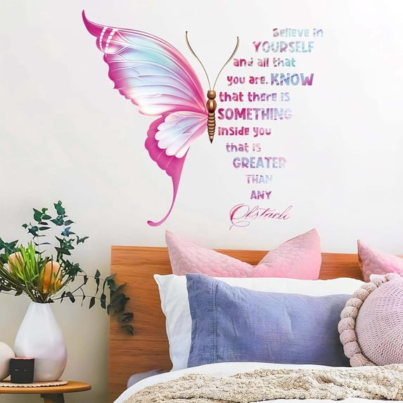 Large Inspirational Butterfly Wall Decals Stickers, Peel and Stick Wall Art for Girls Bedroom (Pink)