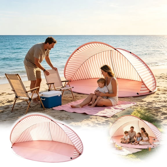 Large Instant Beach Shade Sun Shelter Tent, UPF UV Protection Breathable Polyester Windproof Portable Lightweight Foldable Outdoor Shade Canopy For Beach Park Camping Picnic Family Outdoor Holiday