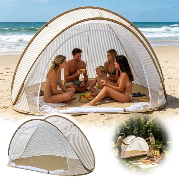 Large Instant Beach Shade Sun Shelter Tent, UPF UV Protection Breathable Polyester Windproof Portable Lightweight Foldable Outdoor Shade Canopy For Beach Park Camping Picnic Family Outdoor Holiday