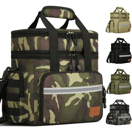 Large Insulated Lunch Bag, 24L Expandable Double Layer Lunch Cooler Box, Lightweight Leak-proof Lunch Tote Bag W/ Side Pocket & Adjustable Shoulder Strap, Suit for Work, Picnic(Green Camo)