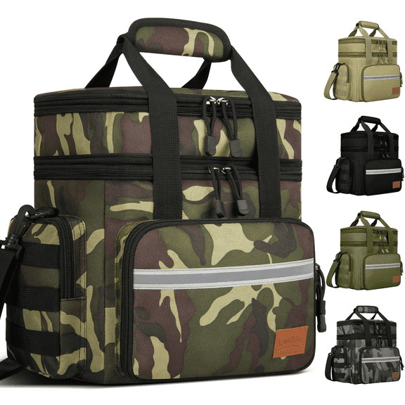 Large Insulated Lunch Bag, 24L Expandable Double Layer Lunch Cooler Box, Lightweight Leak-proof Lunch Tote Bag W/ Side Pocket & Adjustable Shoulder Strap, Suit for Work, Picnic(Green Camo)