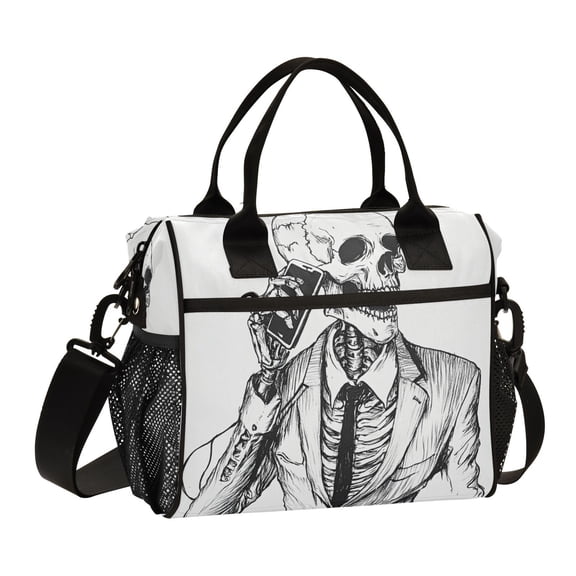 Large Insulated Lunch Bag Cooler Bag with Adjustable Strap, 9L/12L Capacity for Work Picnic Travel (S Size, Full Print)，Skeleton in Suit