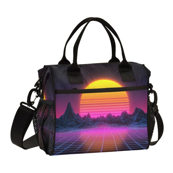 Large Insulated Lunch Bag With Adjustable Strap 9L/12L Capacity For Work Picnic Travel A Retro-wave Landscape