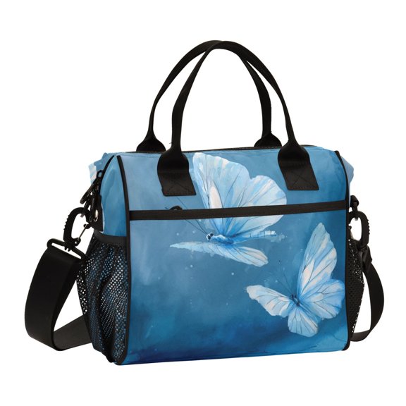 Large Insulated Lunch Bags for Women Men Leakproof Thermal Meal Lunch Tote Bag for Office Work Picnic Travel Abstract Blue and White Butterfly 9L
