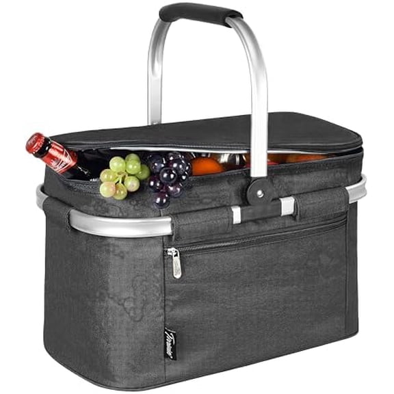 Large Insulated Picnic Basket, 34L Water Resistant & Leakproof Collapsible Portable Cooler Basket Set with Aluminium Handle for Travel,Foldable Grocery Bag, Black