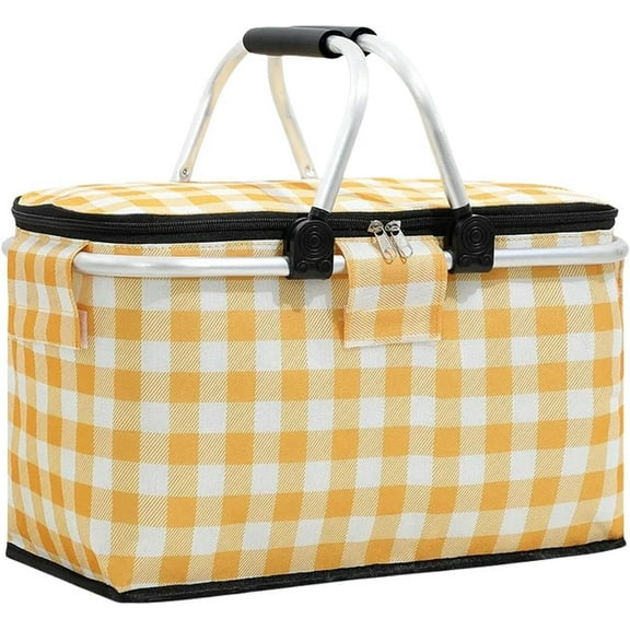 Large Insulated Picnic Basket  Collapsible Cooler Bag with Lid, Sturdy Handles, Waterproof Inner LiningIdeal for Shopping, Traveling, Camping-30L