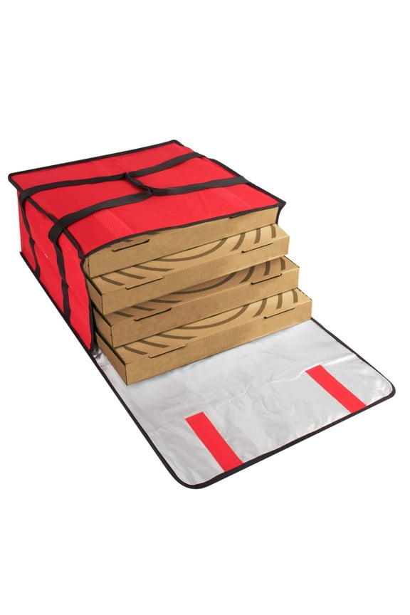 Large Insulated Pizza Carrier Bag for up to 4 Count 18" Pizzas with Ventilation and Zippered Closure for Pizza Delivery, Food Deliveries and Food Transport in Red in 20"L x 20"W x 10"H