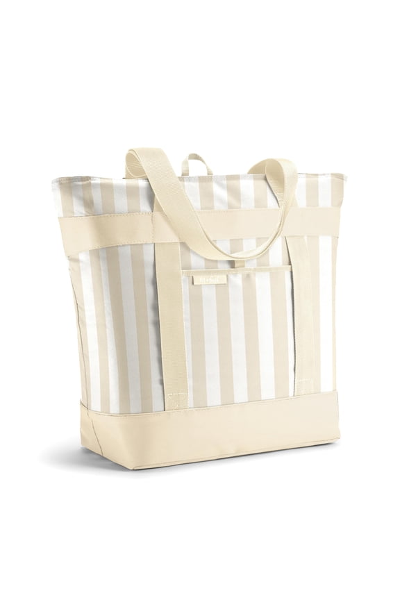 Large Insulated Reusable Grocery Tote Bag Soft foldable thermal cooler bag with leak-resistant lining, ideal for grocery shopping, food delivery and catering, taupe stripe pattern