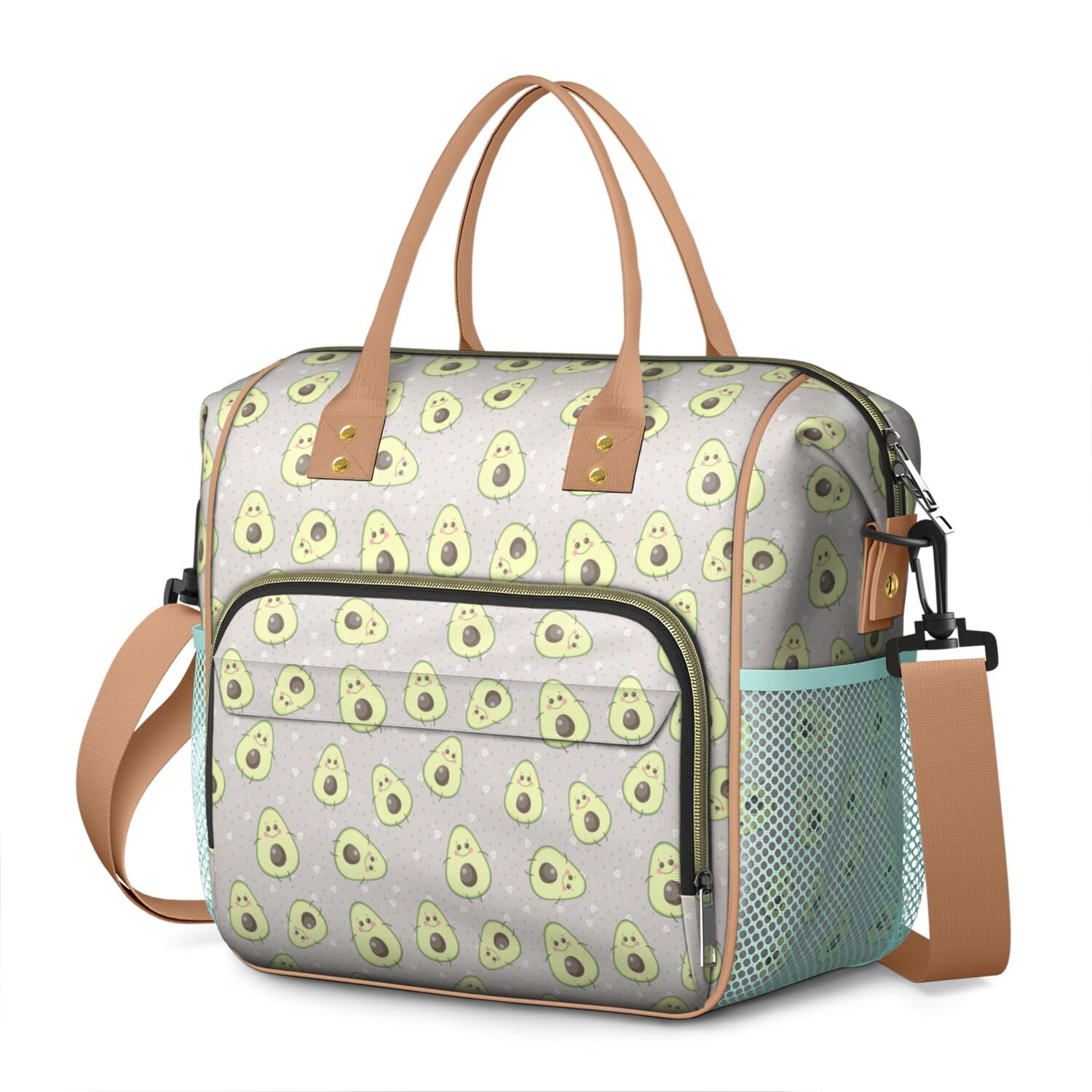 Large Insulated Tote Bag - Avocado Print Leakproof Cooler Bag for Office & Outdoor, Multi-Pocket Waterproof Thermal Lunch Tote for Men Women, Cute Kawaii Design