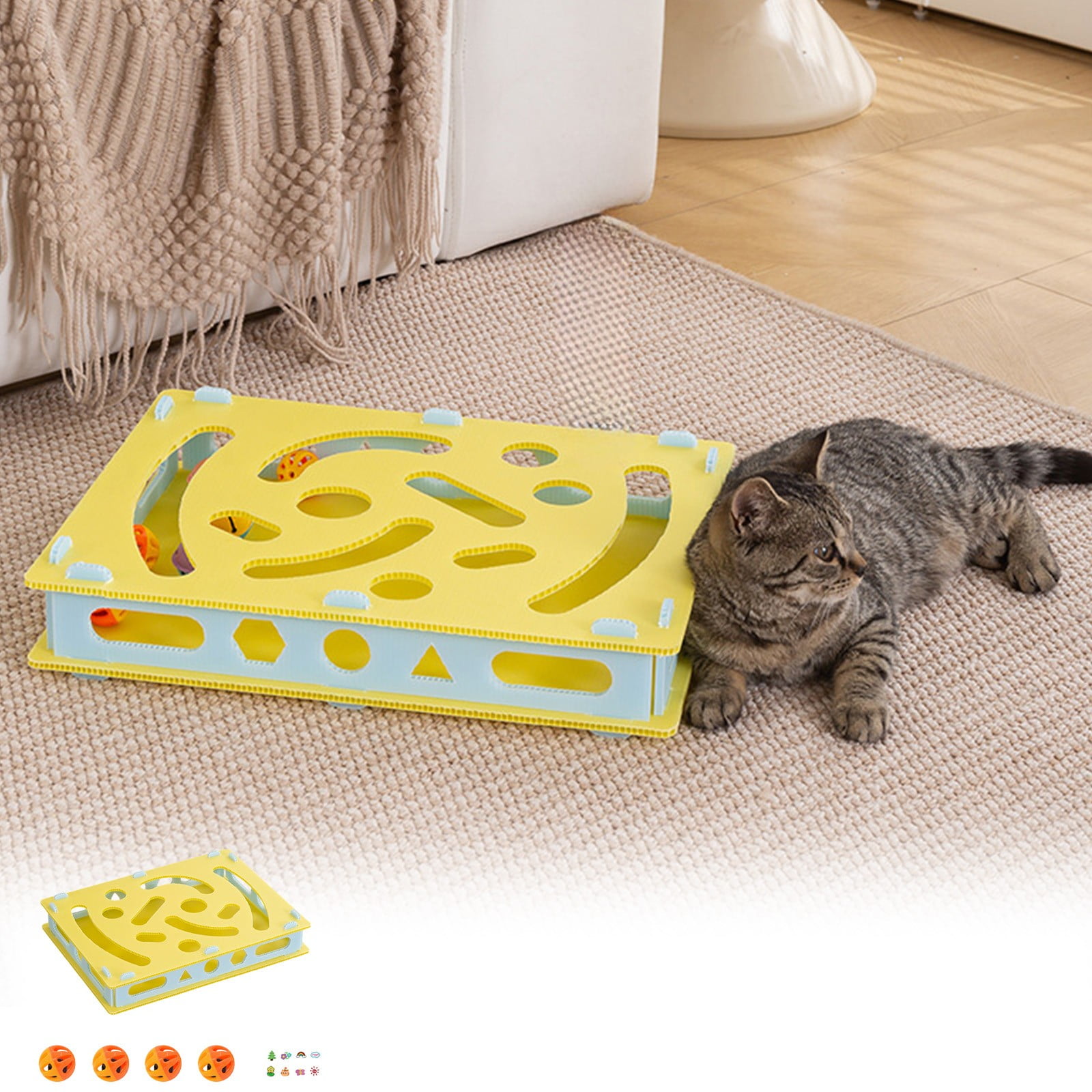 Large Interactive Cat Toy with Rolling Balls & Maze Tracks, Self-Play Activity Puzzle for Indoor Cats, Multi-Pet Stimulation Game Yellow