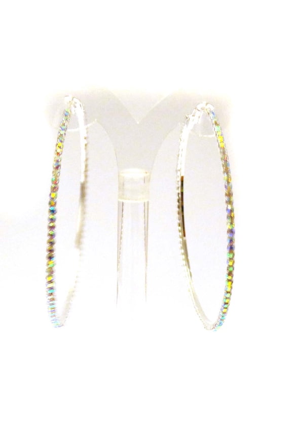 Large Iridescent Rhinestone Silver Hoop Earrings 2.5 inch Hoop Earrings Classic Hoops Crystal