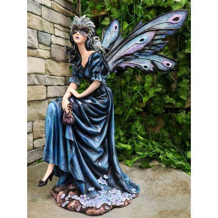 Large Iridescent Winged Peacock Train Blue Masquerade Fairy With Owl Statue