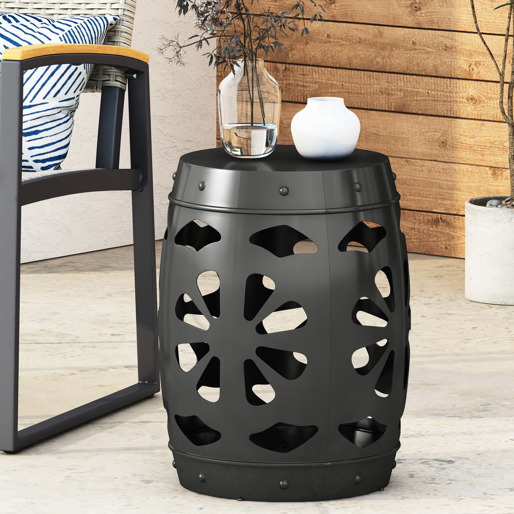 Large Iron Accent Table with Barrel Structure / Transforms Your Space ...