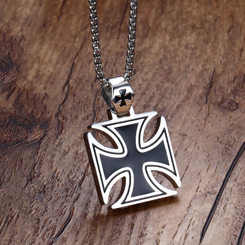 Large Iron Cross Necklace for Mens Stainless Steel Pendant Rolo Chain