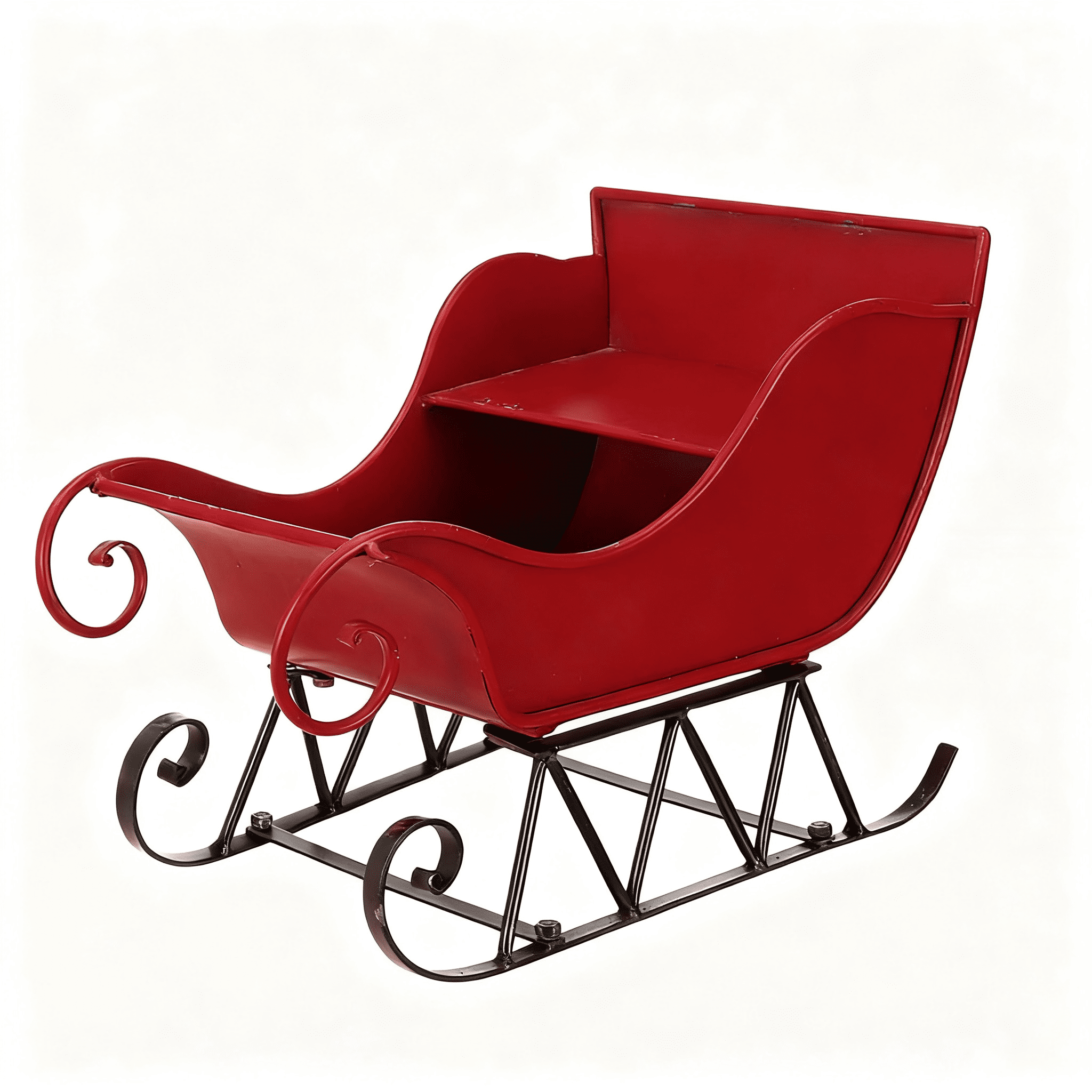 Large Iron Santa Sleigh Holiday Decoration 14.5 Inch Red Metal Distressed Tabletop Mantel Decor