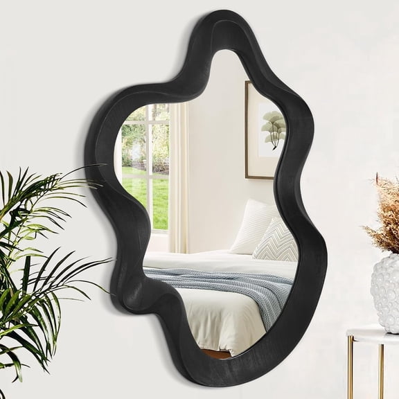 Large Irregular Wavy Mirror Modern Cloud Wall Mirror Asymmetrical Wooden Framed Wall Mirror Wall Mounted Shape Artistic Mirror Decor for Bedroom Living Room Bathroom Entryway