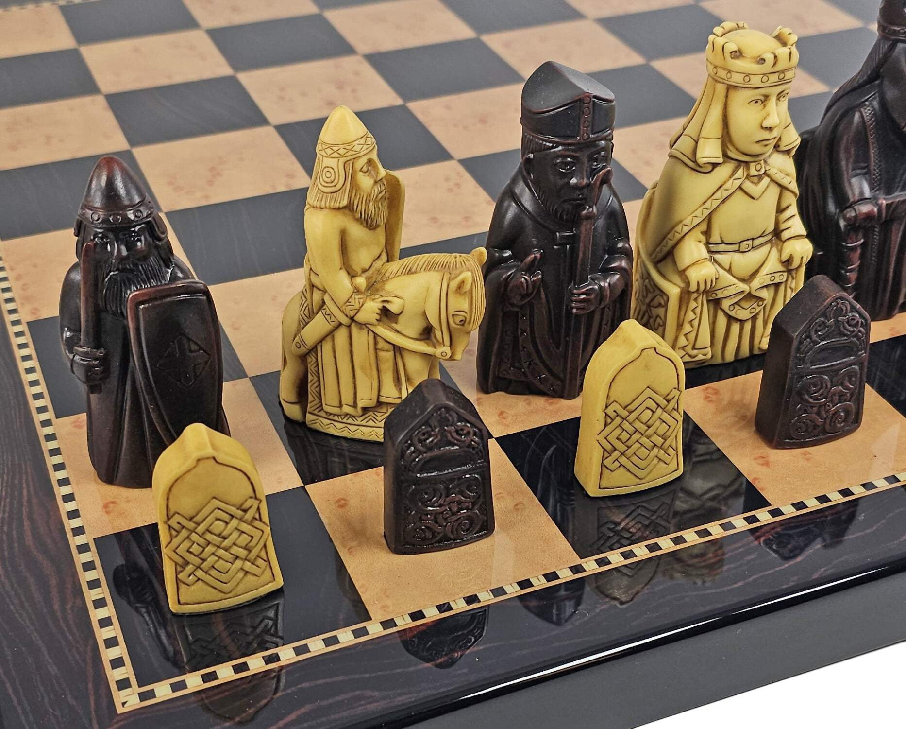 Large Isle of Lewis Chess Set 3 1/4" King with 18" Dark Walnut Color Board