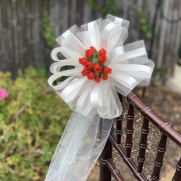 Large Ivory Assembled Wedding Pew Bows with Red Rosebuds & Tulle Tails - 9" Wide, Set of 6, Reception, Spring, Summer Decor, Reception, Aisle Decoration, Anniversary, Birthday, Christmas, Easter