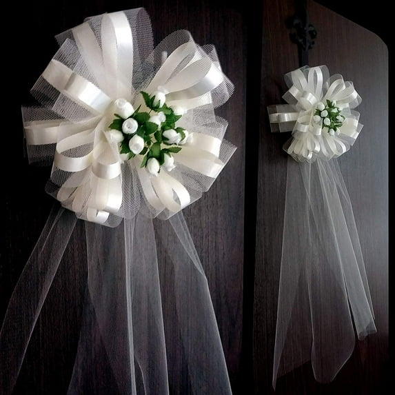 Large Ivory Assembled Wedding Pew Bows with Rosebuds and Tulle Tails - 10" Wide, Set of 6, Reception