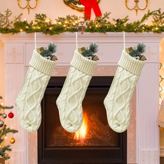 Large Ivory Knitted Christmas Stocking – 45.7cm (18in) Classic Cable-Knit Fireplace Stocking – Hanging Christmas Decor