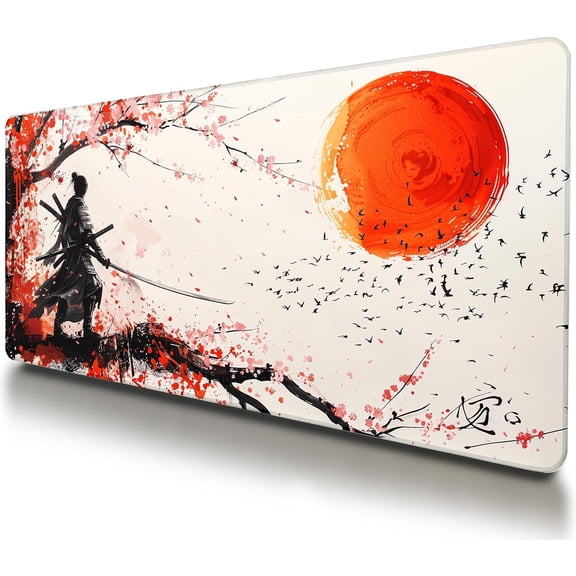 Large Japanese Gaming Mouse Pad, White and Red, Premium Non-Slip Anime Desk Pad for Office, Extended XL XXL Mouse Mat and Laptop Pad, Waterproof and Stiched Edges 35.4" × 15.7"