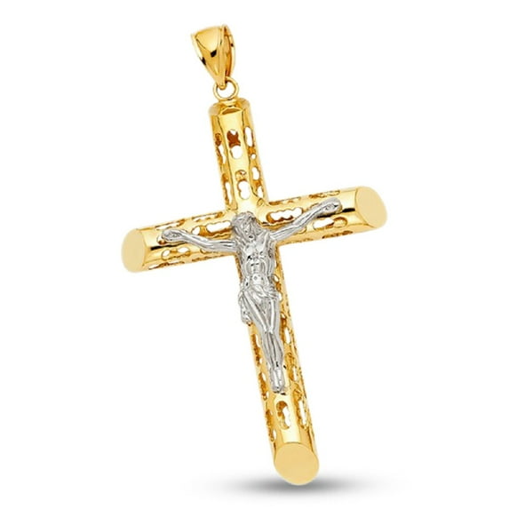 Large Jesus Cross Charm 14k Yellow White Gold Heavy Crucifix Tube Pendant Two Tone 68 x 47 mm