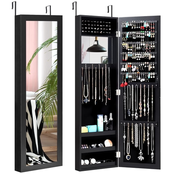Large Jewelry Cabinet with Full Length Mirror, Wall Mounted Organizer with Makeup Mirror, Ring Slots Necklace Hooks, Storage Armoire for Dressing Room, Black