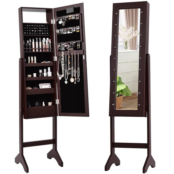 Large Jewelry Cabinet with LED Lighting, Standing Armoire Organizer with Full Length Mirror and Makeup Tray, Storage for Earrings Necklaces Rings Cosmetics, Brown