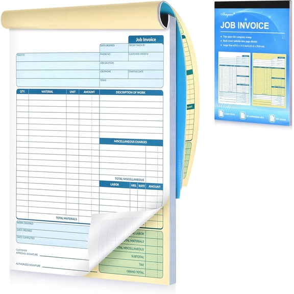 Large Job Work Order Forms, Job Invoice Forms/Receipt Book with Carbonless Copies for Small Business, 2 Part Carbonless Invoice Book, 8.5 x 11.4 inch, 50 Receipts - with Page Divider, Easy to Use
