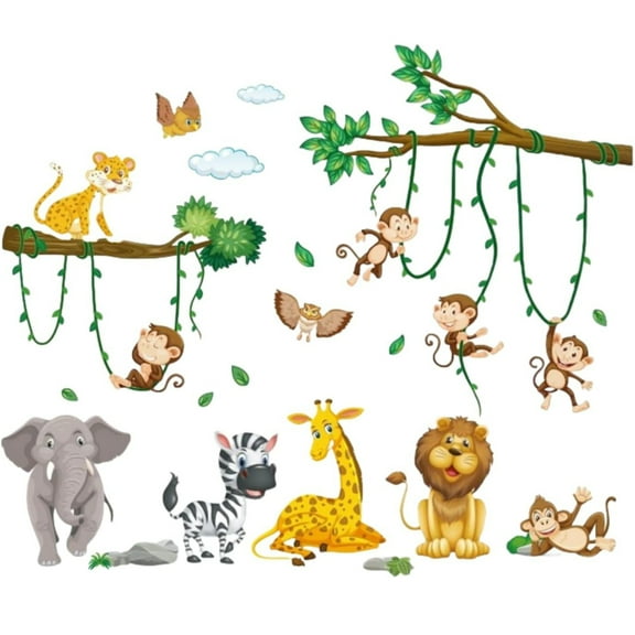 Large Jungle Animal Wall Stickers Cute Cartoon Animals Decals Elephants Lions Giraffes Monkeys Wall Decorations Stickers