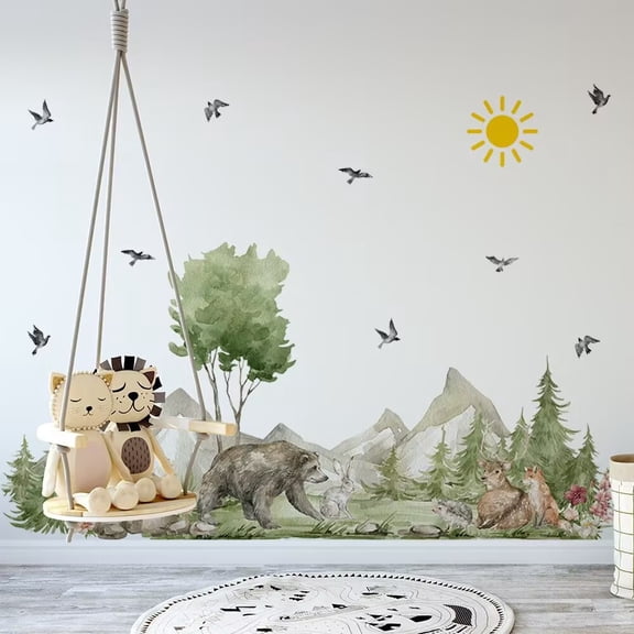 Large Jungle Animals Forest Tree Wall Decal - DIY Peel and Stick Woodland Bear Fox Deer Stickers DIY Removable Jungle Giant Mountain Art for Bedroom Nursery Room Living Room Playroom