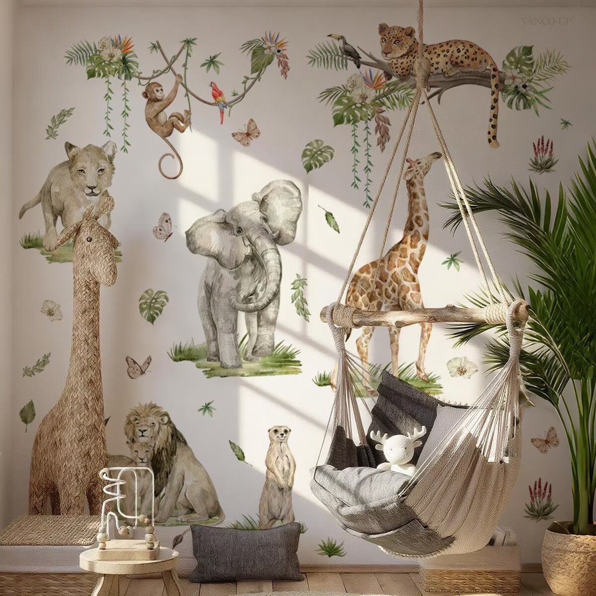 Large Jungle Animal Wall Decal Set – DIY Peel & Stick Tree With Lion, Giraffe, Owl For Nursery, Bedroom, Living Room Decor