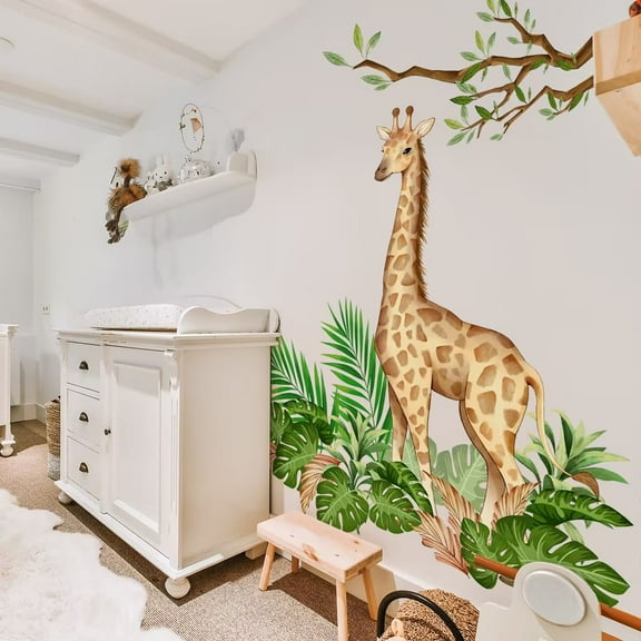 Large Jungle Giraffe Wall Decals Jungle Animals Tropical Leaves Wall Stickers Baby Nursery Kids Room Playroom Wall Decor