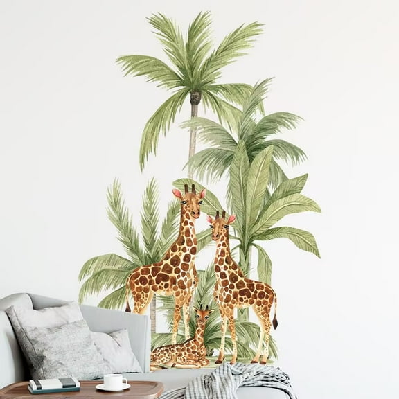 Large Jungle Giraffe Wall Decals Removable Tropical Leaves Wall Stickers Watercolor Wild Animal Flowers Wall Art Peel and Stick Cartoon Animal Wall Decor for Kids Boys Bedroom Nursery Home Decoration