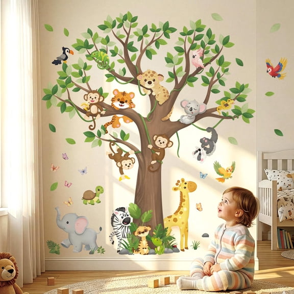 Large Jungle Safari Animals Tree Wall Stickers Decals 4 Sheets