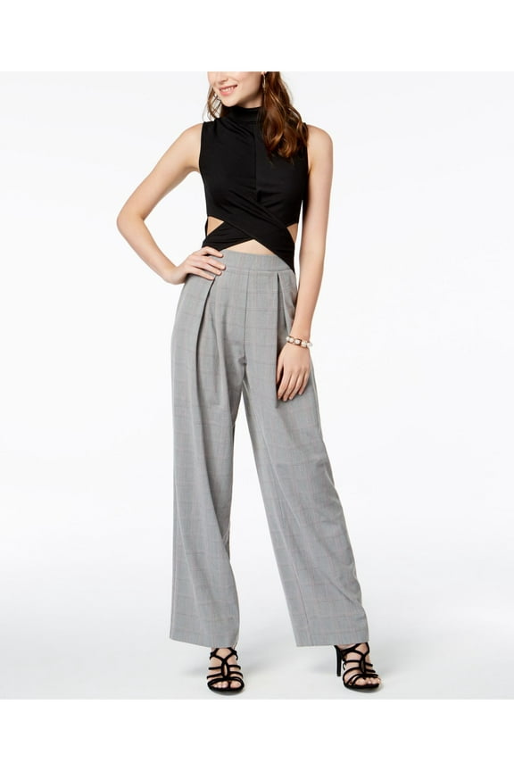 Large Junior's Mock Neck Cutout Glen Plaid Jumpsuit L