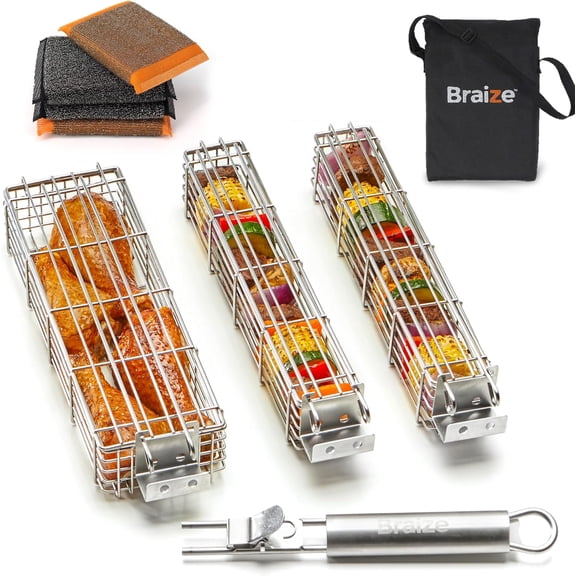 Large Kabob Grilling Basket with Removable Handle. Stainless Steel construction with a Larger Capacity (12 x 2 x 2) and secure easy latch lid. (3-Piece Set  Bag & Sponges Included)