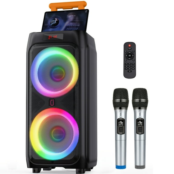 Large Karaoke Machine, Portable Speaker with 2 Karaoke Microphones, Dynamic LED Light Show, Aux Input, Singing Home Karaoke Speaker System for Party, Wedding, Speech, Gathering