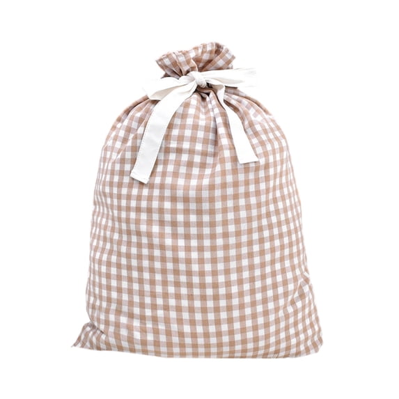 Large Khaki Buffalo Plaid Christmas Drawstring Gift Bag, Reusable Fabric Holiday Gift Sack, 27.56 x 19.69in