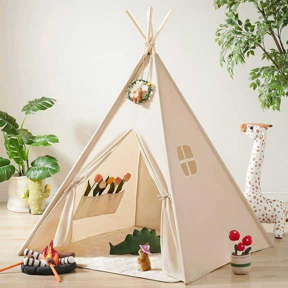 Large Kids Teepee Tent, Kids Foldable Play Tent, White Canvas Teepee Indoor Outdoor Games, Kids Tent