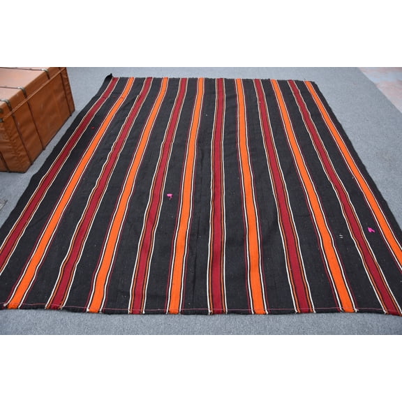 Large Kilim, Vintage Kilim, Turkish Kilim, Oushak Kilim, 91x108 inches Black Kilim, Organic Kilim, Bedroom Kilim, 11455