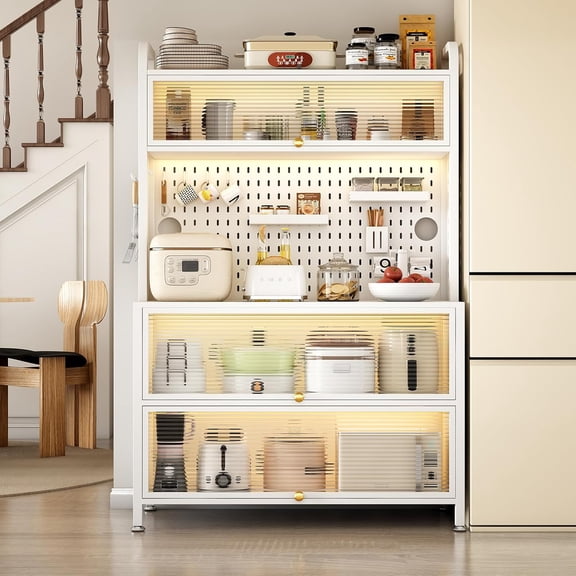 Large Kitchen Bakers Rack, 5-Tier Corner Microwave Stand with Storage, Coffee Bar with 6 S-Shaped Hooks, Open Kitchen Storage Shelves for Spices, Pots and Pans, White