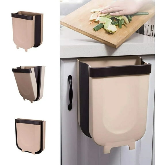 Large Kitchen Hanging Trash Can, Collapsible Trash Bin LARGE Compact Garbage Can Attached to Cabinet Door Kitchen Drawer Bedroom Dorm Room Car Waste Bin - 9L/2.3 Gallon ,Beige