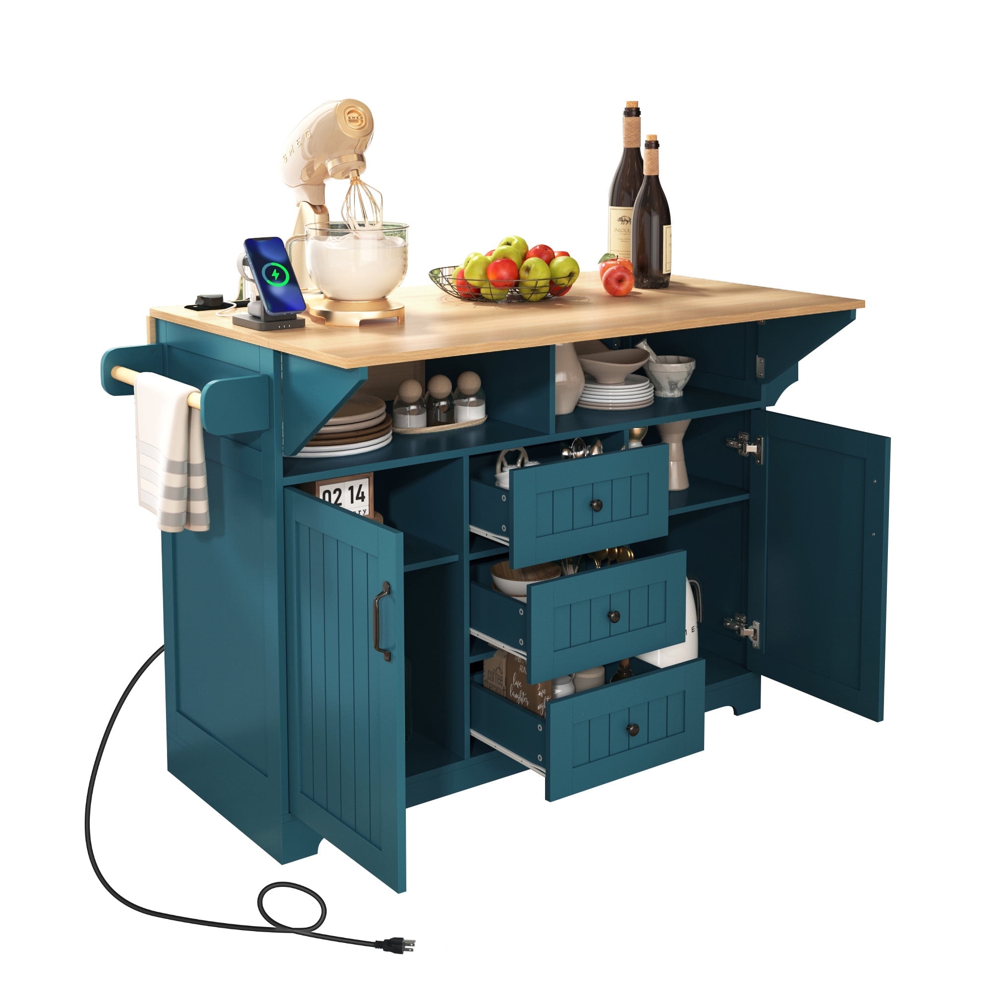 Large Kitchen Island with 2 Drop Leaf for Kitchen and Dining Room, Rolling Kitchen Cart on 5 Wheels with Power Outlet,55.7'' x(17.3”~33.5”)x36.5” Green