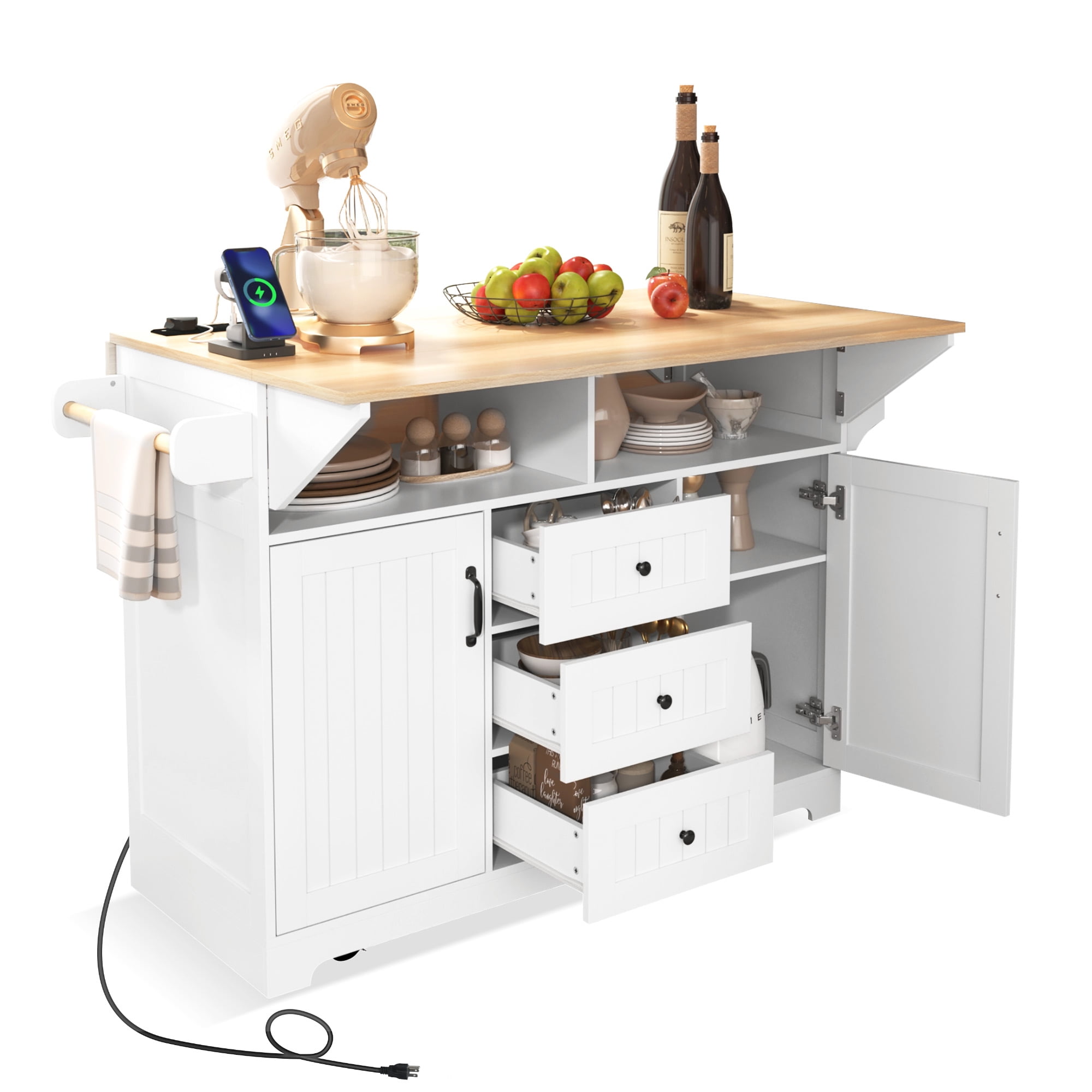 Large Kitchen Island with 2 Drop Leaf for Kitchen and Dining Room, Rolling Kitchen Cart on 5 Wheels with Power Outlet,55.7'' x(17.3”~33.5”)x36.5” White