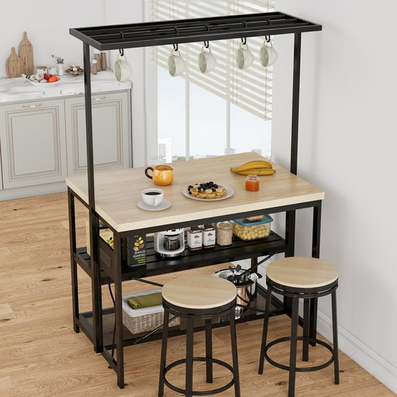 Large Kitchen Island Bakers Rack Microwave Oven Stand Kitchen Shelf with 3 Tier Storage, Metal Coffee Bar Table,Kitchen Storage Shelf for Dining Living Room, 5 Hooks,